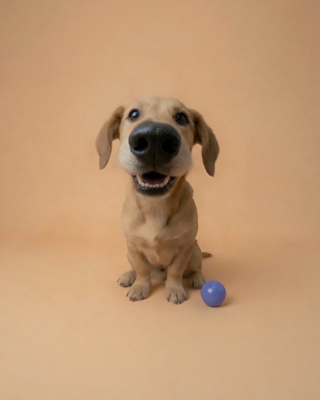 A smiling puppy sitting next to a blue ball